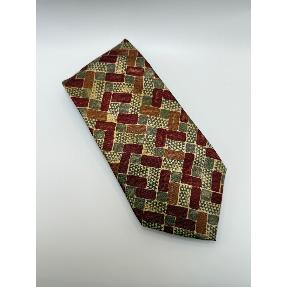 Jos. A. Bank Silk Tie OS Burgundy Green Gold Geometric Mosaic Retro Professional